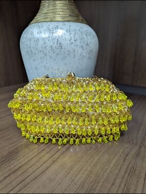 Gold Beaded Yellow Crystal Evening Clutch